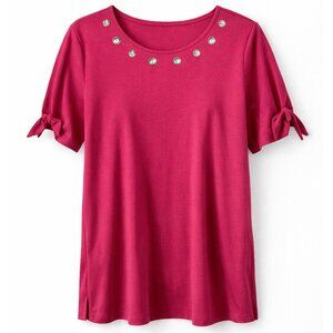Quacker Factory Pink Knit Grommet Top Rhinestone Split Sleeve 1X